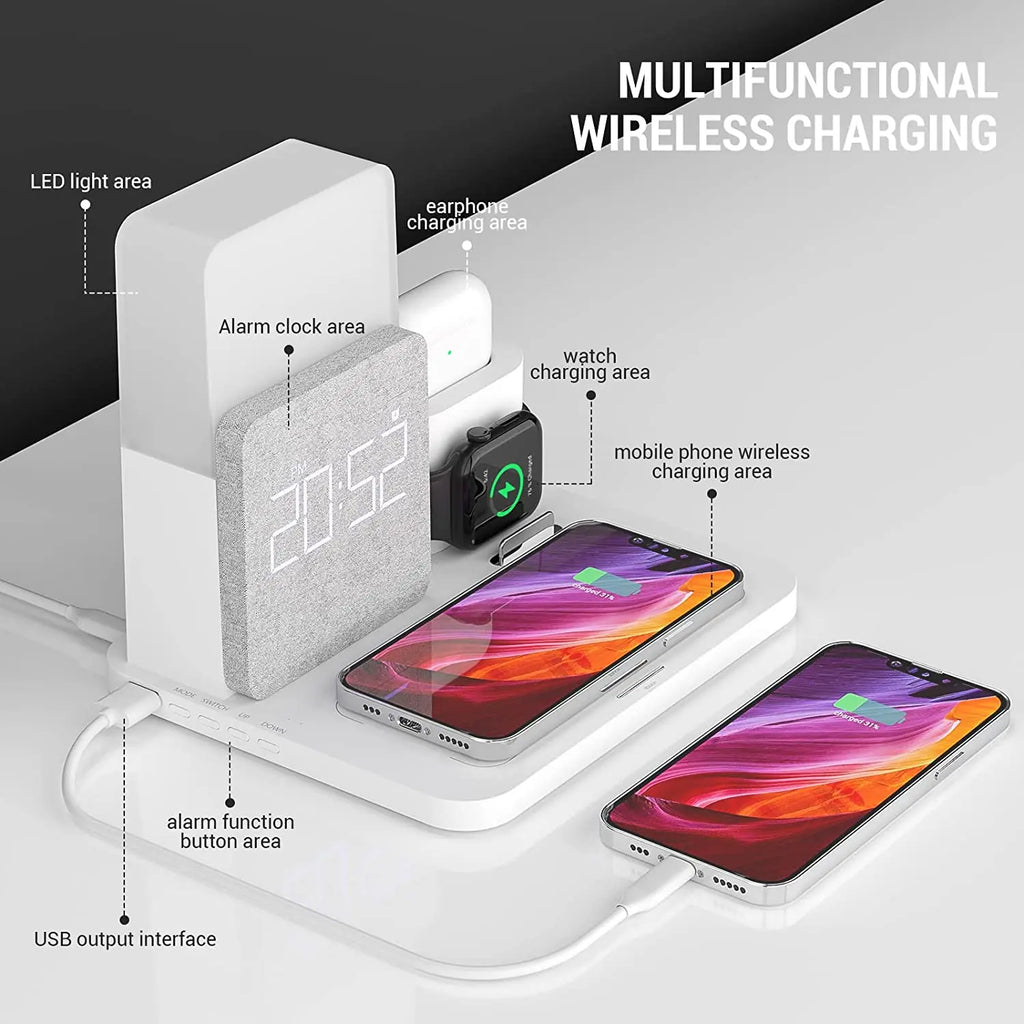 4 In 1  Fast Charging Dock Wireless Charger With Alarm Clock