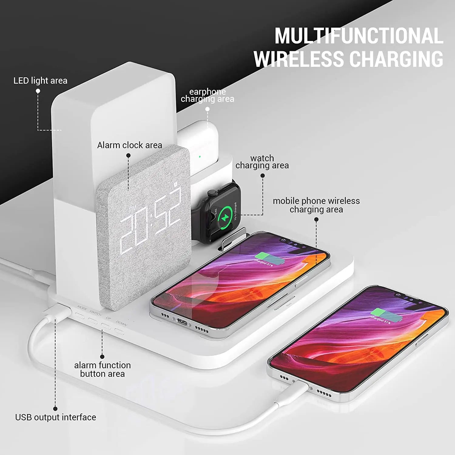4 In 1  Fast Charging Dock Wireless Charger With Alarm Clock