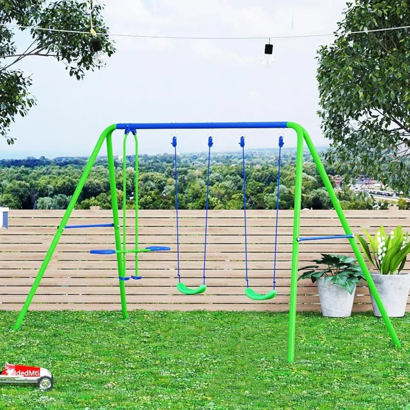 Outsunny Metal Swing Set with Glider, Two Swing Seats and Adjustable Height