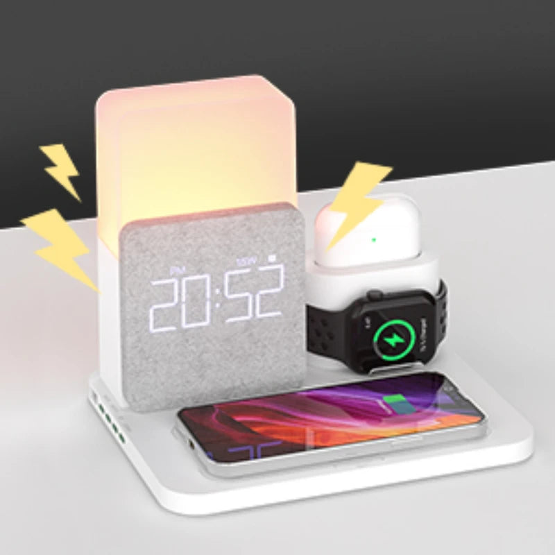 4 In 1  Fast Charging Dock Wireless Charger With Alarm Clock