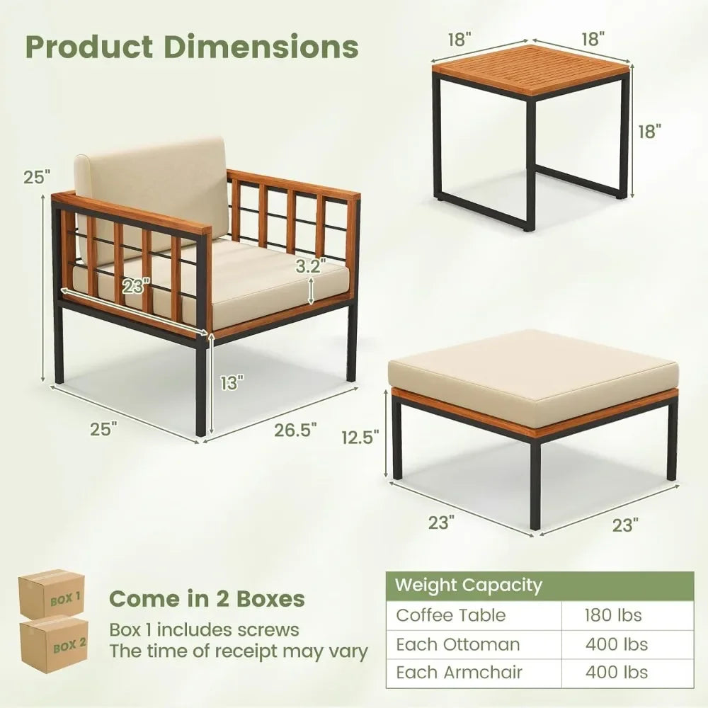 5 Pieces Acacia Wood Patio Furniture Set with Ottomans