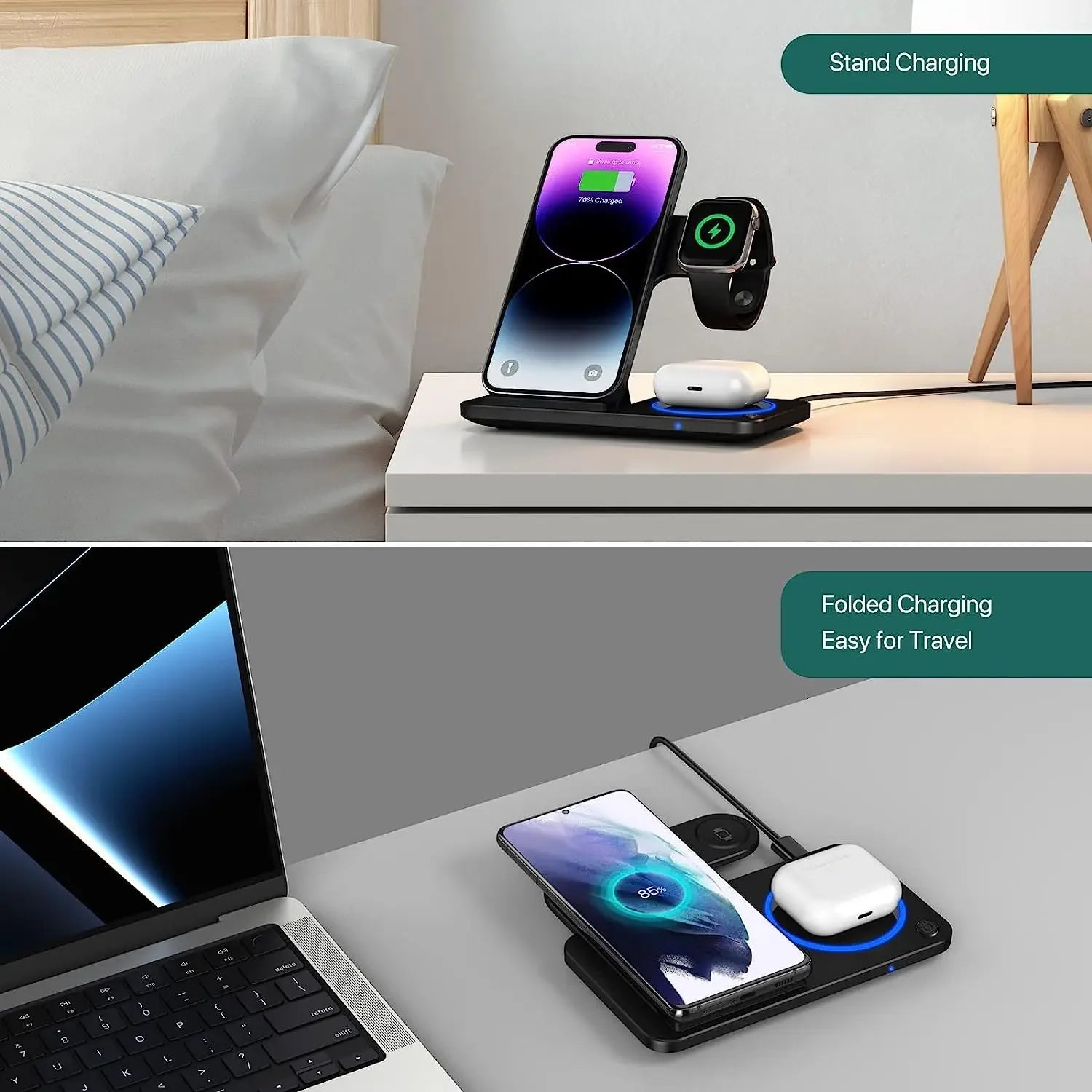 LED Fast Wireless Foldable Charging Stand For Apple Products