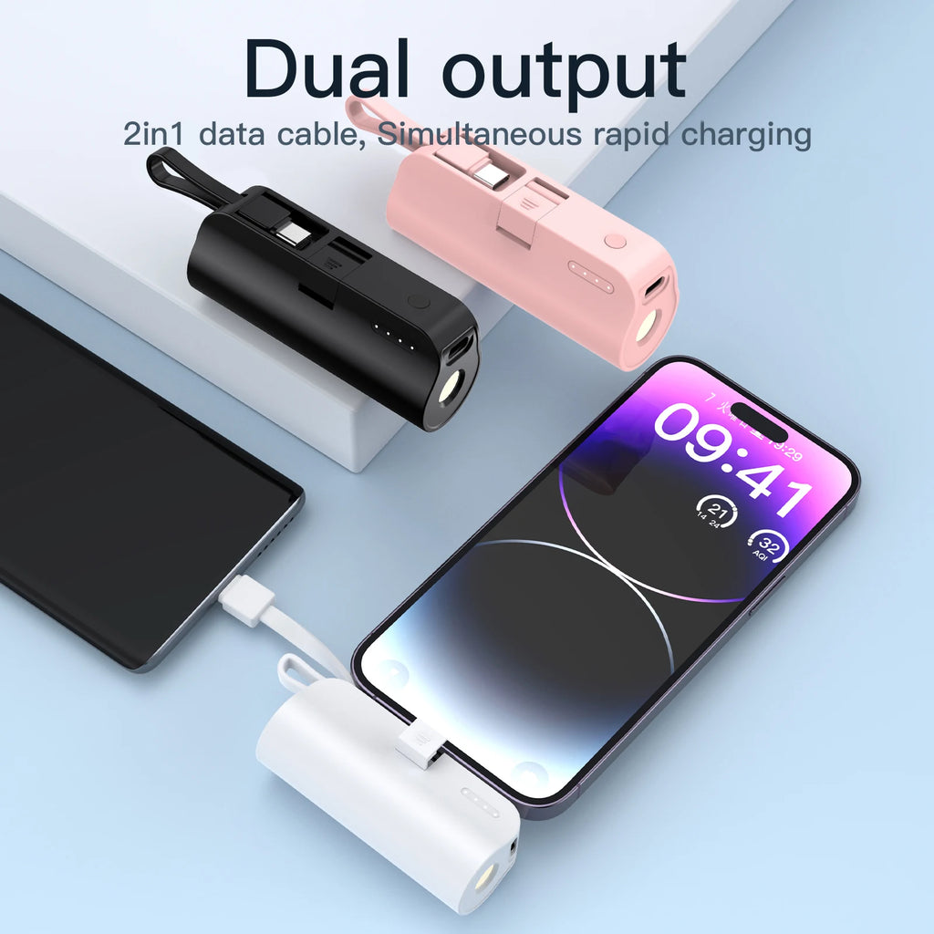 Mini Portable Phone Charger with Built-In Cable Charging