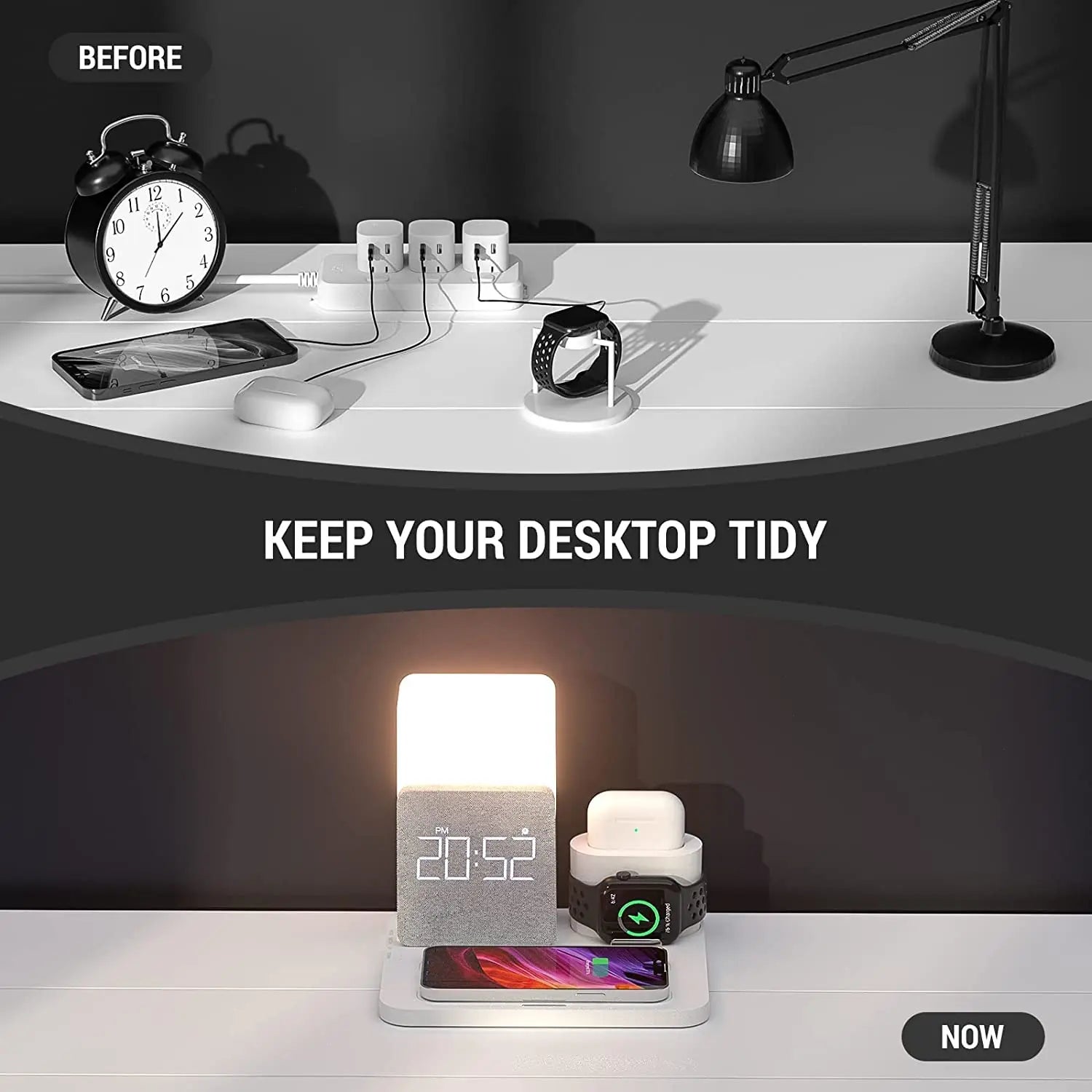 4 In 1  Fast Charging Dock Wireless Charger With Alarm Clock