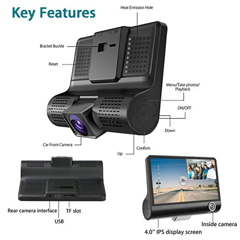 HD Night Vision Dash Camera Recorder Three Viewing Angles