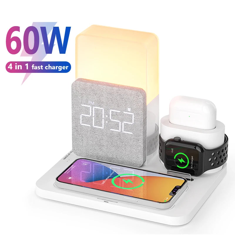 4 In 1  Fast Charging Dock Wireless Charger With Alarm Clock