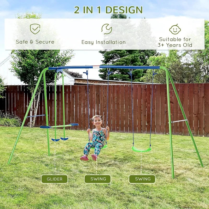 Outsunny Metal Swing Set with Glider, Two Swing Seats and Adjustable Height