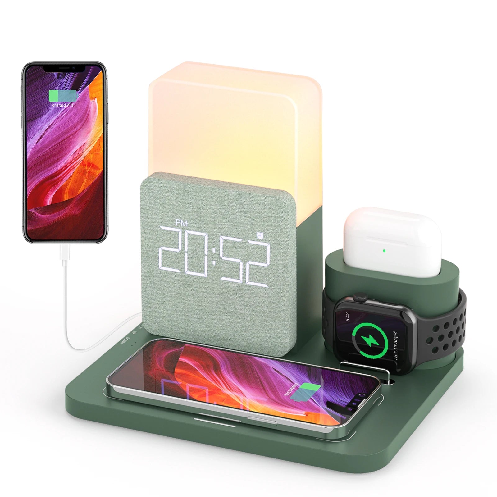 4 In 1  Fast Charging Dock Wireless Charger With Alarm Clock